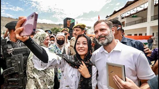 Congress leader Rahul Gandhi at a public meeting in Kargil. (PTI)