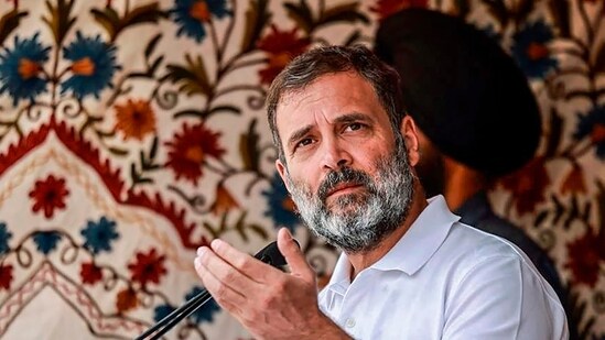 Congress leader Rahul Gandhi speaks during a public meeting at Khree Sultan Cho Sport Stadium, in Kargil district, Ladakh, Friday. (PTI)