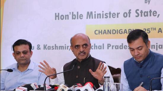 Union minister of state for finance Bhagwat Karad held a review meeting in Chandigarh. (Ravi Kumar/HT)