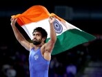 India top wrestler Bajrang Punia with the national flag.