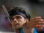 Neeraj Chopra, of India, makes an attempt in the Men's javelin throw qualification during the World Athletics Championships.