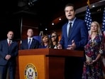 FILE - Rep. Matt Gaetz, R-Fla., speaks in front of members of the House Freedom Caucus during a news conference on Capitol Hill in Washington, Friday, July 14, 2023. House conservatives in a group known as the Freedom Caucus have unveiled a list of demands they want included in a stopgap spending measure to keep the federal government running after the end of September. (AP Photo/Patrick Semansky, File)