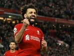 Liverpool's Mohamed Salah celebrates scoring a goal.