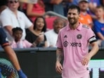 Inter Miami forward Lionel Messi (10) reacts to a play in the first half against the FC Cincinnati at TQL Stadium