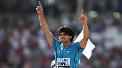 Neeraj Chopra reacts during the qualification (REUTERS)