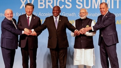 PM Modi poses with BRICS nations' leaders (via REUTERS)