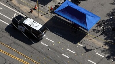 This aerial view shows markings on the street in front of Cook's Corner, Thursday, Aug. 24, 2023, in Trabuco Canyon, Calif. Gunfire at a popular Southern California biker bar killed three people and wounded five others, and the gunman — believed to be a retired law enforcement officer — was fatally shot by deputies, authorities said. (AP Photo/Jae C. Hong) (AP) This aerial view shows markings on the street in front of Cook's Corner, Thursday, Aug. 24, 2023, in Trabuco Canyon, Calif. Gunfire at a popular Southern California biker bar killed three people and wounded five others, and the gunman — believed to be a retired law enforcement officer — was fatally shot by deputies, authorities said. (AP Photo/Jae C. Hong) (AP)
