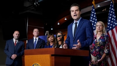 FILE - Rep. Matt Gaetz, R-Fla., speaks in front of members of the House Freedom Caucus during a news conference on Capitol Hill in Washington, Friday, July 14, 2023. House conservatives in a group known as the Freedom Caucus have unveiled a list of demands they want included in a stopgap spending measure to keep the federal government running after the end of September. (AP Photo/Patrick Semansky, File) (AP) FILE - Rep. Matt Gaetz, R-Fla., speaks in front of members of the House Freedom Caucus during a news conference on Capitol Hill in Washington, Friday, July 14, 2023. House conservatives in a group known as the Freedom Caucus have unveiled a list of demands they want included in a stopgap spending measure to keep the federal government running after the end of September. (AP Photo/Patrick Semansky, File) (AP)