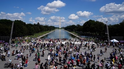 The Washington Monument is seen in the background after speakers concluded during the 60th Anniversary of the March on Washington at the Lincoln Memorial in Washington, Saturday, Aug. 26, 2023. (AP)