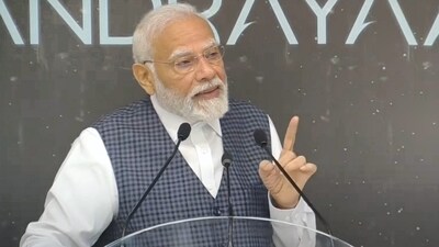 Prime Minister Narendra Modi addresses ISRO scientists on the successful soft landing of Chandrayaan-3 on the surface of the Moon at a gathering in Bengaluru on Saturday, (PTI) Prime Minister Narendra Modi addresses ISRO scientists on the successful soft landing of Chandrayaan-3 on the surface of the Moon at a gathering in Bengaluru on Saturday, (PTI)
