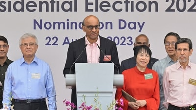 Presidential candidate Tharman Shanmugaratnam gives a speech at the nomination centre after submitting his nomination papers in Singapore August 22, 2023. (REUTERS)