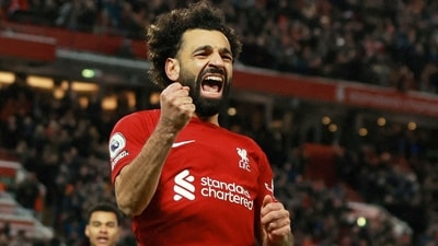 Liverpool's Mohamed Salah celebrates scoring a goal. (REUTERS)