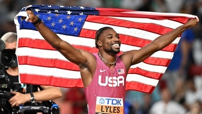 USA's Noah Lyles celebrates after winning the men's 200m final during the World Athletics Championships (AFP) USA's Noah Lyles celebrates after winning the men's 200m final during the World Athletics Championships (AFP)