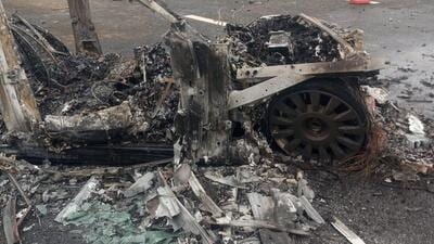 The Rolls Royce of a prominent industrialist was completely gutted after it rammed an oil tanker on the Delhi-Mumbai Expressway on August 22 and caught fire. (HT Photo) The Rolls Royce of a prominent industrialist was completely gutted after it rammed an oil tanker on the Delhi-Mumbai Expressway on August 22 and caught fire. (HT Photo)