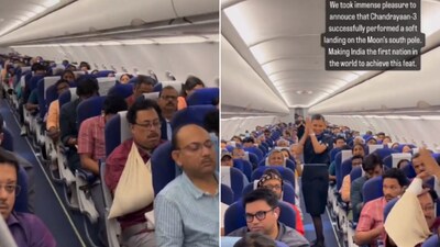 The image is from an IndiGo flight where the pilot announced about successful landing of Chandrayaan-3. (X/@ChhaviLeekha) The image is from an IndiGo flight where the pilot announced about successful landing of Chandrayaan-3. (X/@ChhaviLeekha)