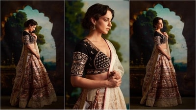 Kangana Ranaut looks stunning in a lehenga attire adorned with intricate Indian embroidery. (Instagram/@kanganaranaut) Kangana Ranaut looks stunning in a lehenga attire adorned with intricate Indian embroidery. (Instagram/@kanganaranaut)