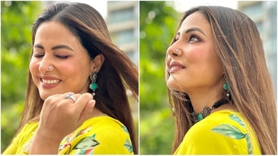 She kept her makeup look minimal and got decked up in nude eyeshadow, mascara coated lashes, darkened brows, contoured cheeks and a shade of berry lipstick. (Instagram/@realhinakhan) She kept her makeup look minimal and got decked up in nude eyeshadow, mascara coated lashes, darkened brows, contoured cheeks and a shade of berry lipstick. (Instagram/@realhinakhan)