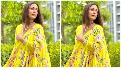 For accessories, Hina styled her look with a choker necklace with stones and kundans, matching statement earrings, a nose ring and a pair of Indian flats. (Instagram/@realhinakhan) For accessories, Hina styled her look with a choker necklace with stones and kundans, matching statement earrings, a nose ring and a pair of Indian flats. (Instagram/@realhinakhan)