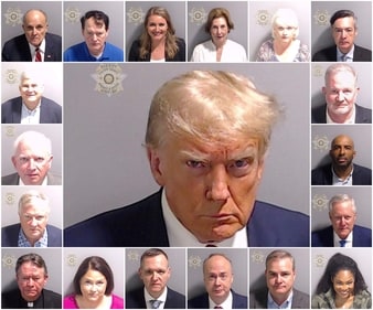 A combination picture shows police booking mugshots of former U.S. President Donald Trump and the 18 people indicted with him, including Rudy Giuliani, Ray Smith, Jenna Ellis, Sidney Powell, Cathy Latham, Kenneth Chesebro, David Shafer, John Eastman, Scott Hall, Harrison Floyd, Mark Meadows, Trevian Kutti, Shawn Still, Jeffrey Clark, Michael Roman, Misty Hampton, Stephen Cliffgard Lee and Robert Cheeley. Fulton County Sheriff's Office/Handout via REUTERS  THIS IMAGE HAS BEEN SUPPLIED BY A THIRD PARTY.      TPX IMAGES OF THE DAY (via REUTERS)