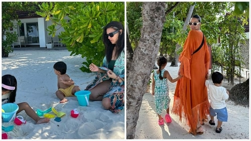 Neha Dhupia with her kids during their vacation. Neha Dhupia with her kids during their vacation.