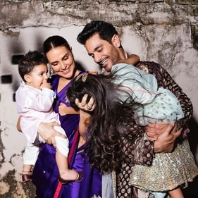 Neha Dhupia with her kids on Diwali. Neha Dhupia with her kids on Diwali.