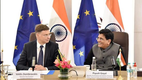 EU executive vice-president and commissioner for trade Valdis Dombrovskis with Union minister of commerce and industry Piyush Goyal in New Delhi on Saturday. (Twitter/Piyush Goyal)