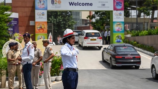 Rehearsals for the delegates ahead of G20 summit at Bharat Mandapam, Pragati Maidan. (HT Photo)