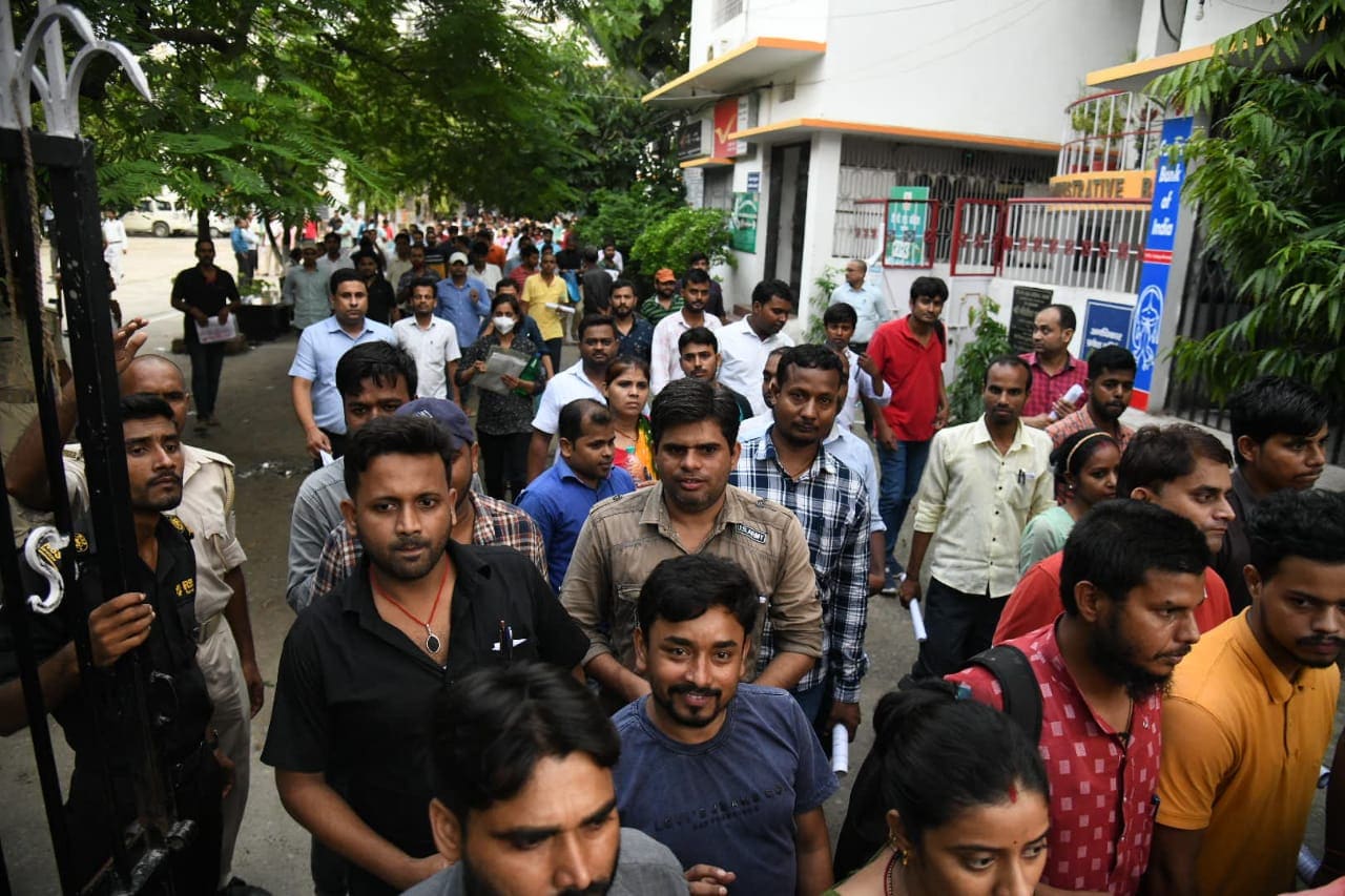 Aspirants coming out after appearing in the BPSC Bihar teacher exam centre at an examination centre at TPS College in Patna.