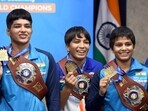 U-20 Wrestling World Championships 2023 Gold Medalists Priya Malik, Antim Panghal and Savita pose for a picture during a felicitation programme, at JLN Stadium
