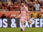 Aug 26, 2023; Harrison, New Jersey, USA; Inter Miami CF forward Lionel Messi (10) takes a free kick against the New York Red Bulls during the second half at Red Bull Arena. Mandatory Credit: Brad Penner-USA TODAY Sports