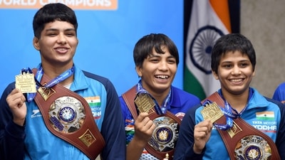 U-20 Wrestling World Championships 2023 Gold Medalists Priya Malik, Antim Panghal and Savita pose for a picture during a felicitation programme, at JLN Stadium U-20 Wrestling World Championships 2023 Gold Medalists Priya Malik, Antim Panghal and Savita pose for a picture during a felicitation programme, at JLN Stadium