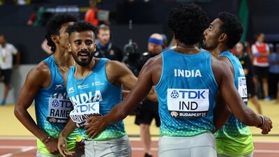World Athletics Championship - Men's 4x400m Relay Heats  - National Athletics Centre, Budapest, Hungary - August 26, 2023 India's Muhammed Ajmal Variyathodi with teammates after heat 1 (REUTERS)