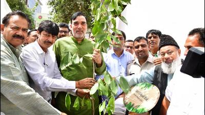 Delhi environment minister Gopal Rai at the 'Van Mahotsav' in Babarpur in New Delhi on Sunday. (HT Photo) Delhi environment minister Gopal Rai at the 'Van Mahotsav' in Babarpur in New Delhi on Sunday. (HT Photo)