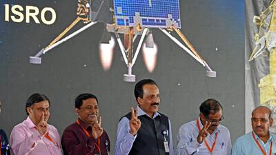ISRO Chairman S. Somanath with others show victory sign after the successful soft-landing Chandrayaan-3 Lander Vikram on the surface of Moon during Chandrayaan-3 Mission, at ISRO in Bengaluru on Wednesday. (ANI Photo) (ANI) ISRO Chairman S. Somanath with others show victory sign after the successful soft-landing Chandrayaan-3 Lander Vikram on the surface of Moon during Chandrayaan-3 Mission, at ISRO in Bengaluru on Wednesday. (ANI Photo) (ANI)