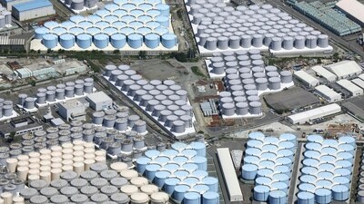 This aerial view shows the tanks which contain treated radioactive wastewater at the Fukushima Daiichi nuclear power plant in Fukushima, northern Japan, on Aug. 22, 2023. For the wrecked Fukushima Daiichi nuclear plant, managing the ever-growing radioactive water held in more than 1,000 tanks has been a safety risk and a burden since the meltdown in March 2011. The start of treated wastewater release Thursday marked a milestone for the decommissioning, which is expected to take decades. (Kyodo News via AP) (AP) This aerial view shows the tanks which contain treated radioactive wastewater at the Fukushima Daiichi nuclear power plant in Fukushima, northern Japan, on Aug. 22, 2023. For the wrecked Fukushima Daiichi nuclear plant, managing the ever-growing radioactive water held in more than 1,000 tanks has been a safety risk and a burden since the meltdown in March 2011. The start of treated wastewater release Thursday marked a milestone for the decommissioning, which is expected to take decades. (Kyodo News via AP) (AP)