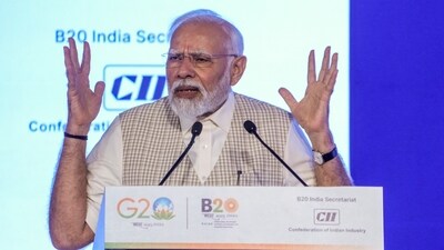 Prime minister Narendra Modi addresses the B20 Summit India 2023, in New Delhi. (PTI) Prime minister Narendra Modi addresses the B20 Summit India 2023, in New Delhi. (PTI)
