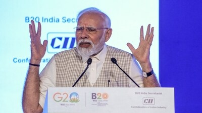 Prime minister Narendra Modi addresses the B20 Summit India 2023, in New Delhi on Sunday. (PTI) Prime minister Narendra Modi addresses the B20 Summit India 2023, in New Delhi on Sunday. (PTI)