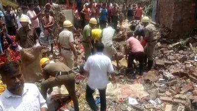 Rescue and relief work are underway in the area, and firefighters are working to douse the blaze that broke out as a result of the explosion, they said. (PTI) Rescue and relief work are underway in the area, and firefighters are working to douse the blaze that broke out as a result of the explosion, they said. (PTI)