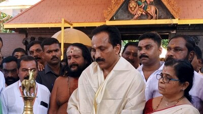 Chairman of Indian Space Research Organisation (ISRO) S. Somanath offers prayers at the Pournamikavu temple, in Thiruvananthapuram. (PTI)