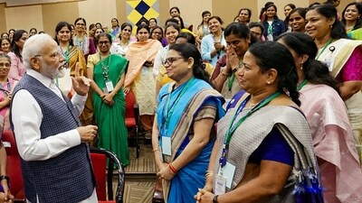 Prime Minister Narendra Modi interacts with women scientists of the Isro team involved in Chandrayaan-3 mission, in Bengaluru. (ANI/ PIB) Prime Minister Narendra Modi interacts with women scientists of the Isro team involved in Chandrayaan-3 mission, in Bengaluru. (ANI/ PIB)