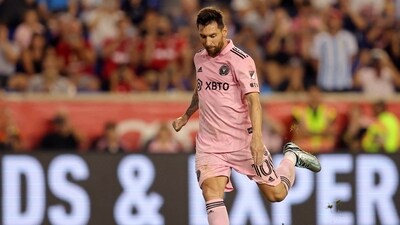 Aug 26, 2023; Harrison, New Jersey, USA; Inter Miami CF forward Lionel Messi (10) takes a free kick against the New York Red Bulls during the second half at Red Bull Arena. Mandatory Credit: Brad Penner-USA TODAY Sports (USA TODAY Sports via Reuters Con)