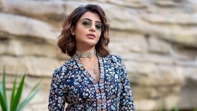 Samantha Ruth Prabhu wore an elegant Anita Dongre look. The actor, who is busy with the promotions of her upcoming film Kushi, sported her blue embroidered pant and matching top ensemble with a choker. Samantha also wore tinted sunglasses. Samantha Ruth Prabhu wore an elegant Anita Dongre look. The actor, who is busy with the promotions of her upcoming film Kushi, sported her blue embroidered pant and matching top ensemble with a choker. Samantha also wore tinted sunglasses. 