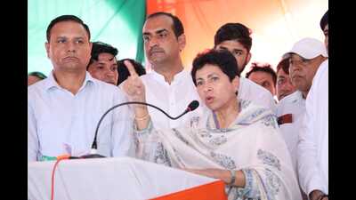 Senior Congress leader Kumari Selja on Sunday said that there is a need to protect democracy by supporting party leader Rahul Gandhi as he is the only leader who raised the voice of the people of the country. (HT Photo)