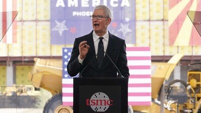 File - Apple CEO Tim Cook speaks at the Taiwan Semiconductor Manufacturing Company facility under construction in Phoenix, on Dec. 6, 2022. Multinational corporations are seeking to produce more items - especially semiconductors - in the United States. Apple will use chips made at the facility. (AP Photo) File - Apple CEO Tim Cook speaks at the Taiwan Semiconductor Manufacturing Company facility under construction in Phoenix, on Dec. 6, 2022. Multinational corporations are seeking to produce more items - especially semiconductors - in the United States. Apple will use chips made at the facility. (AP Photo)