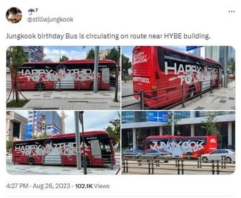 A fan shared a picture of a red bus with the BTS singer's photo on it.
