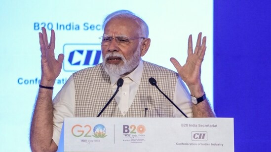 Prime minister Narendra Modi addresses the B20 Summit India 2023, in New Delhi on Sunday. (PTI)