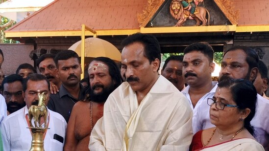 Chairman of Indian Space Research Organisation (ISRO) S. Somanath offers prayers at the Pournamikavu temple, in Thiruvananthapuram. (PTI)