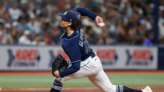 Tampa Bay Rays starting pitcher Tyler Glasnow throws to a New York Yankees batter during the fifth inning of a baseball game Saturday, Aug. 26, 2023 in St. Petersburg, Fla. (AP Photo/Scott Audette) (AP)