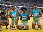 Rajesh Ramesh, Muhammed Ajmal Variyathodi, Amoj Jacob and Muhammed Anas Yahiya of India during the World Athletics Championships in Budapest, Hungary