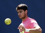 Carlos Alcaraz of Spain warms up prior to a practice session ahead of the US Open at USTA Billie Jean King National Tennis Center on August 27, 2023 